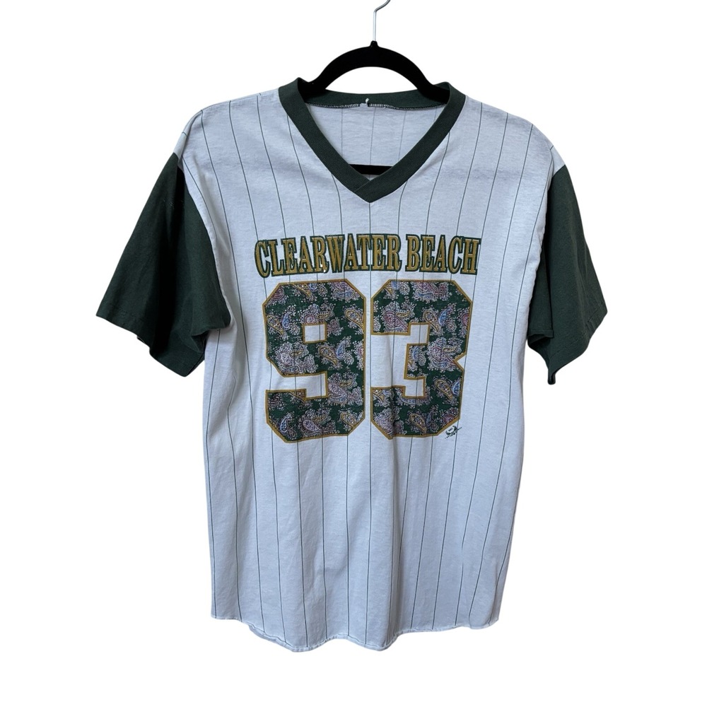 Vintage 1993 Clearwater Beach Baseball Raglan Tee‎ Pinstripe 90s Single Stitch